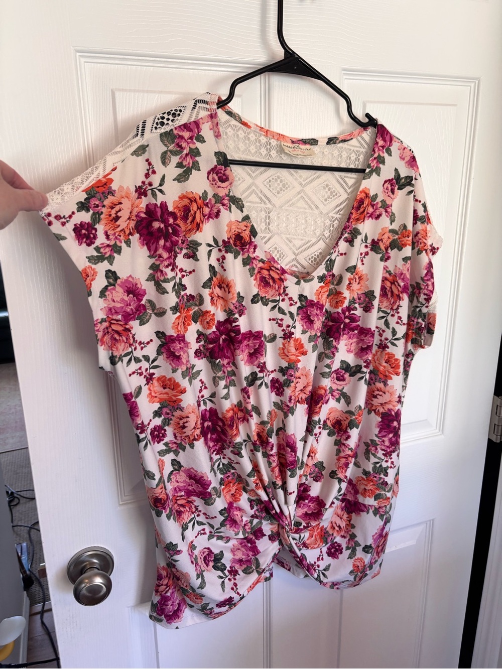 V-Neck Floral Knot Front Tunic Top - White with Pink & Orange Flowers
